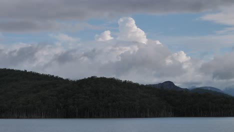 Rainy weather and clouds over Advancetown Lake in the Gold Coast Hinterland, Queensland, Australia.
