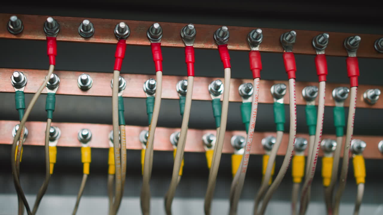 barras de tierra de cobre con cables eléctricos conectados