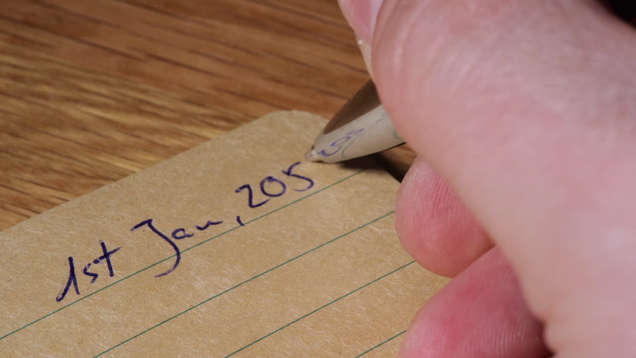 종이 공책에 2058년의 미래 날짜를 손으로 쓰고 보기를 닫습니다.