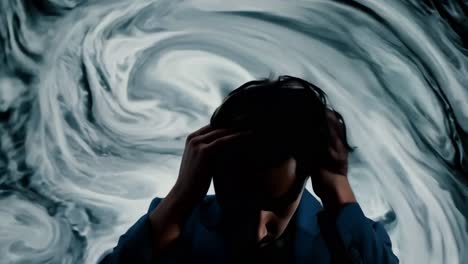 silhouette of a man with hands in hair against a swirling marble background