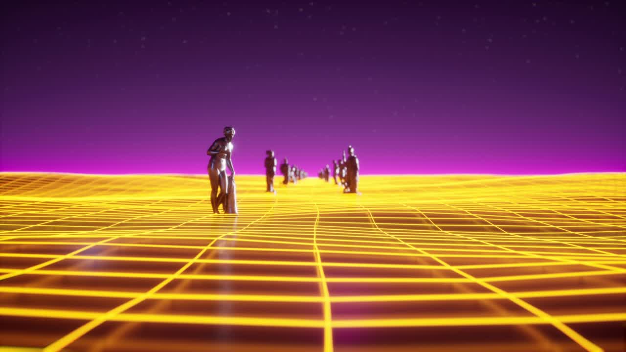 Animazione in loop VJ retrowave di paesaggio con sculture antiche e luce al neon