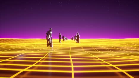 animación en bucle de onda retro de un paisaje con esculturas antiguas y luz de neón