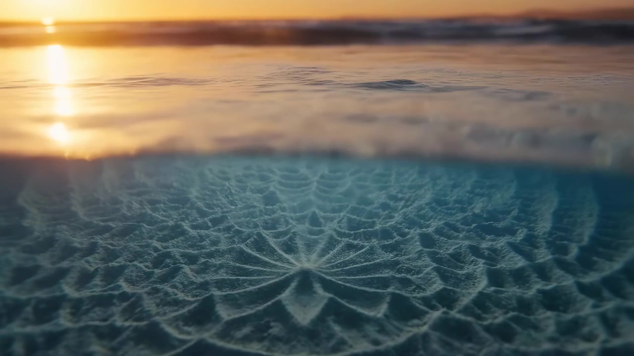 aerial view of serene sunset reflection over rippling water surface at beach during golden hour, nature, travel, and relaxation visual stories, design resources, and commercial ad.