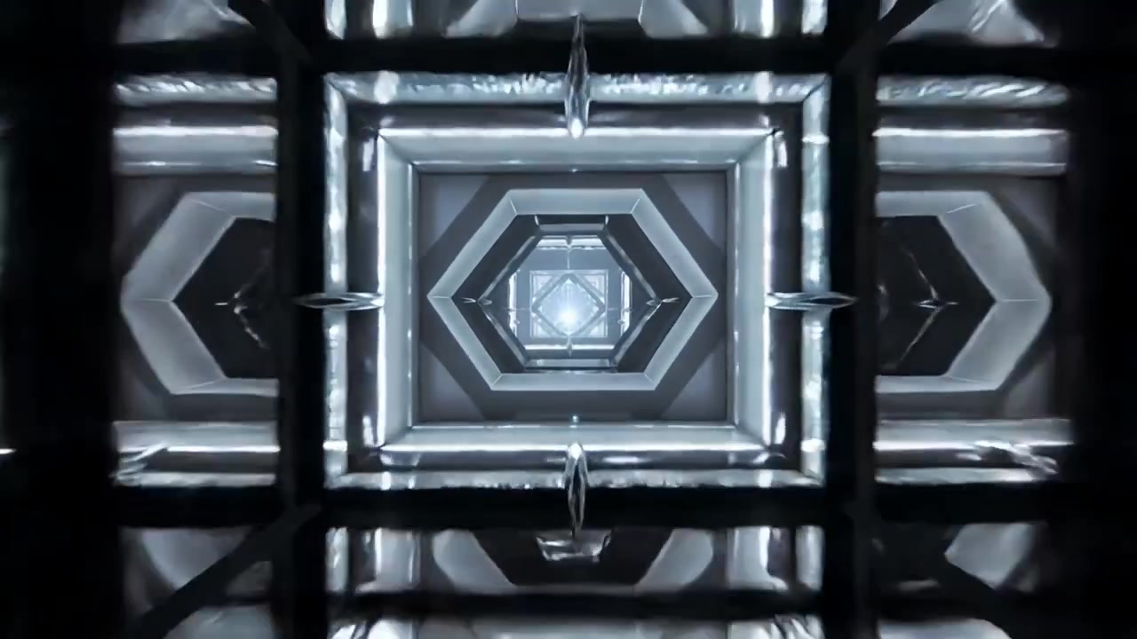 Advancing camera moving through shaft toward bright core, nested frames rotating, laser bisecting