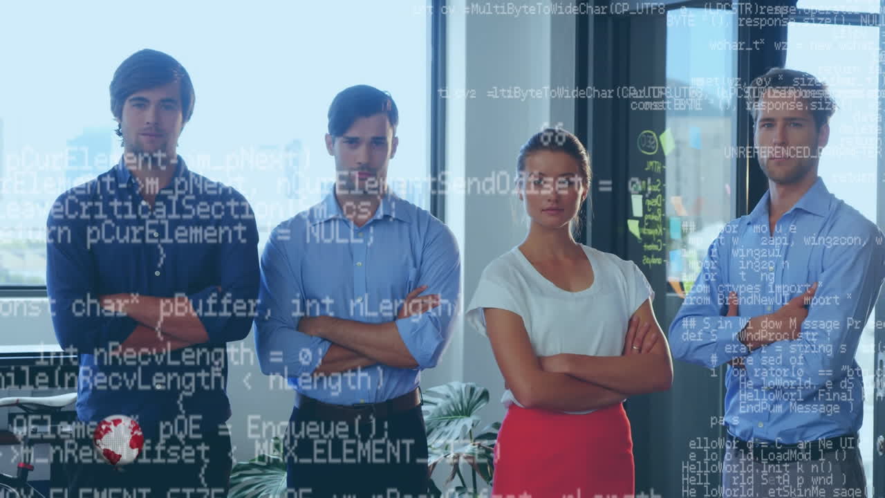 Animation of news strip and data processing over diverse business people