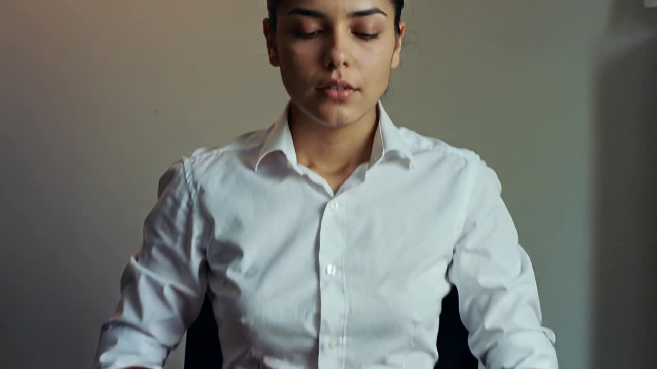 Una donna in camicia bianca alla scrivania che avvicina un laptop nero, digita e revisiona documenti di lavoro.