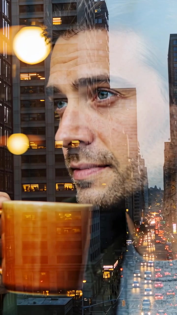 Video verticale: Uomo in cappotto scuro che solleva una tazza arancione, osservando le luci della città dalla finestra, riflettendo.