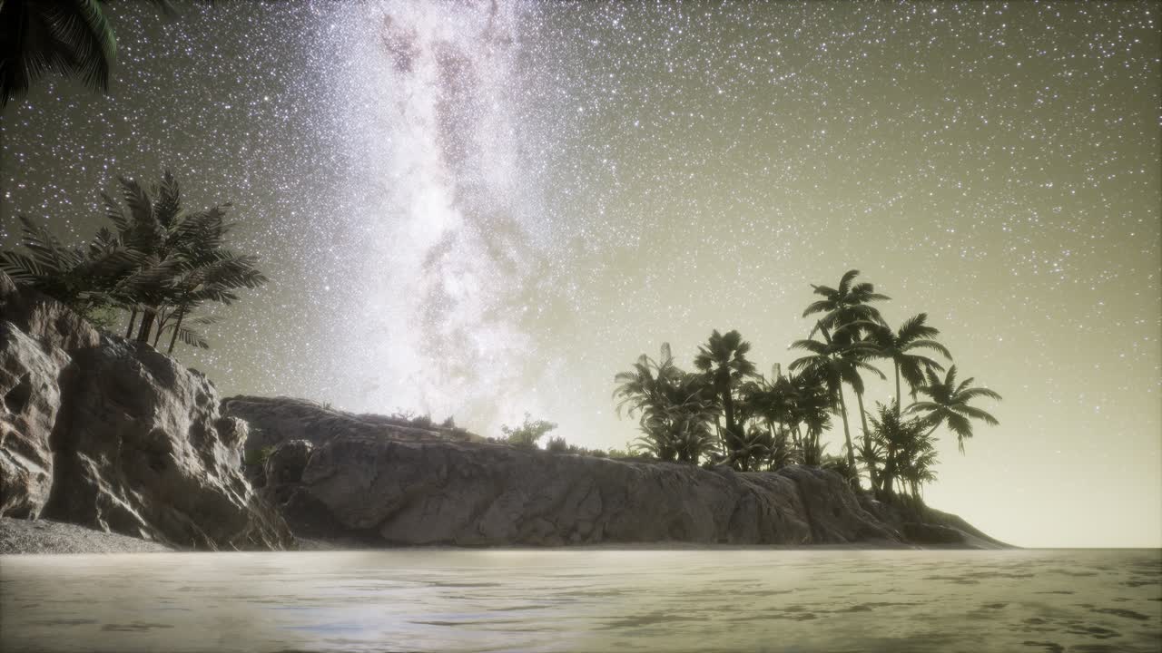 밤하늘에 은하계 별이 있는 아름다운 환상적인 열대 해변