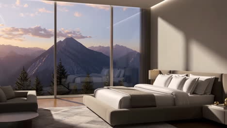 luxurious bedroom with panoramic mountain view and modern interior