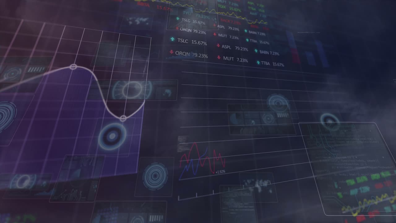 Animation of social media icons and financial data processing