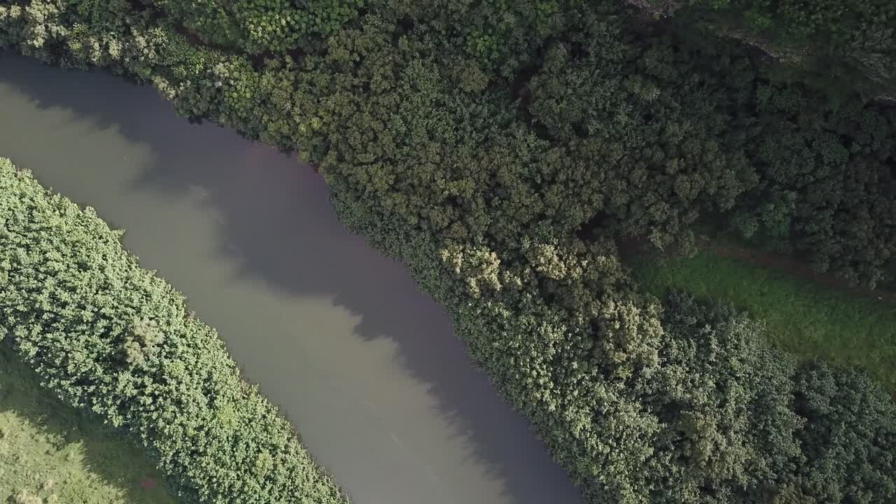 일몰을 향해 하와이 열대우림에 있는 강의 조감도와 함께 왼쪽으로 패닝하는 드론