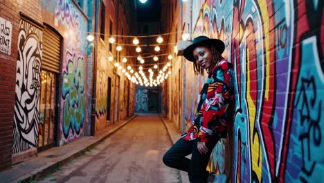 stylish woman in a graffiti alley at night