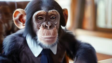 a chimpanzee sitting at a table with a laptop and a cup of coffee