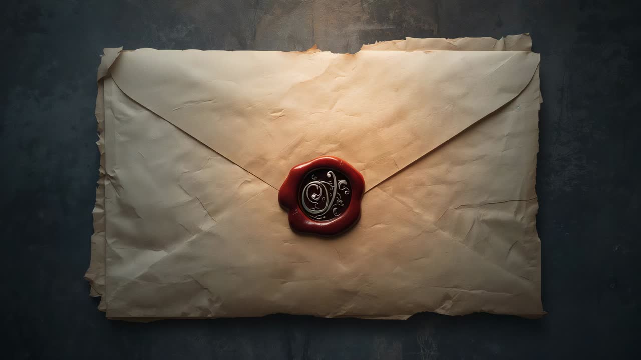 Brightening light revealing sealed envelope on dark tabletop highlighting red wax seal and papers