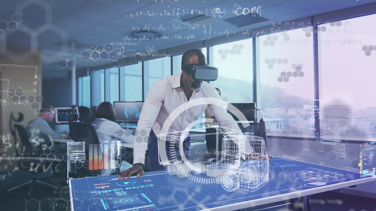 VR headset user interacts with 3D car drawing and data in a global network concept.