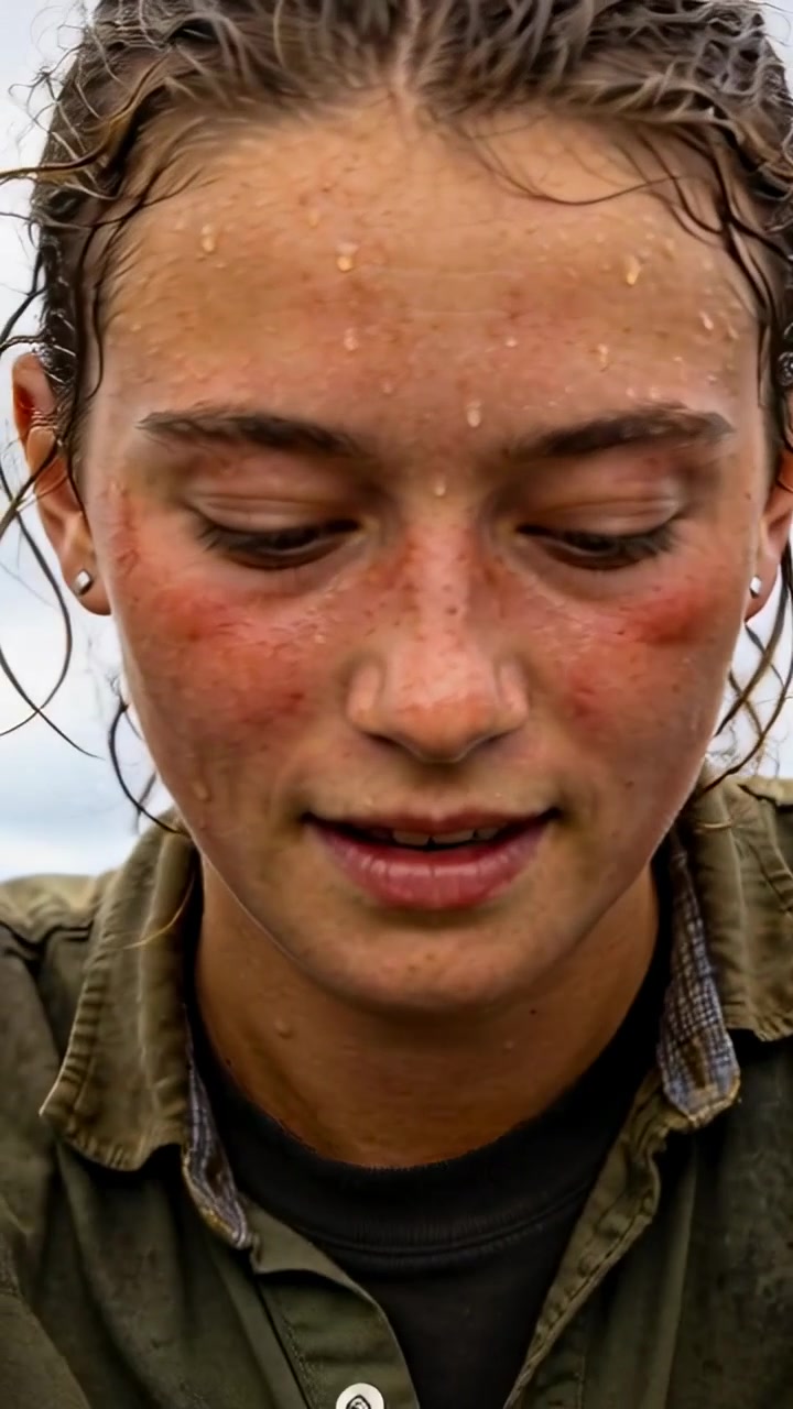 Video verticale: Donna sorridente in camicia che si asciuga la guancia mentre piove, afferrando un palo di legno all'aperto.