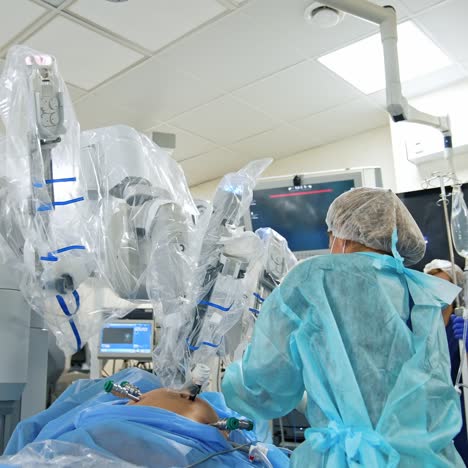 operation with da vinci robot. surgical room in hospital with robotic technology equipment