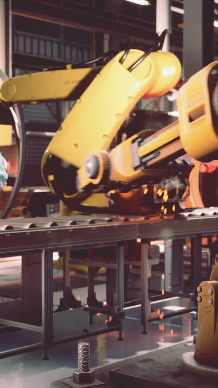 robots industriales que trabajan en una línea de ensamblaje