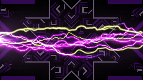 Animation of glowing pink and yellow electric currents over kaleidoscope shapes moving on black