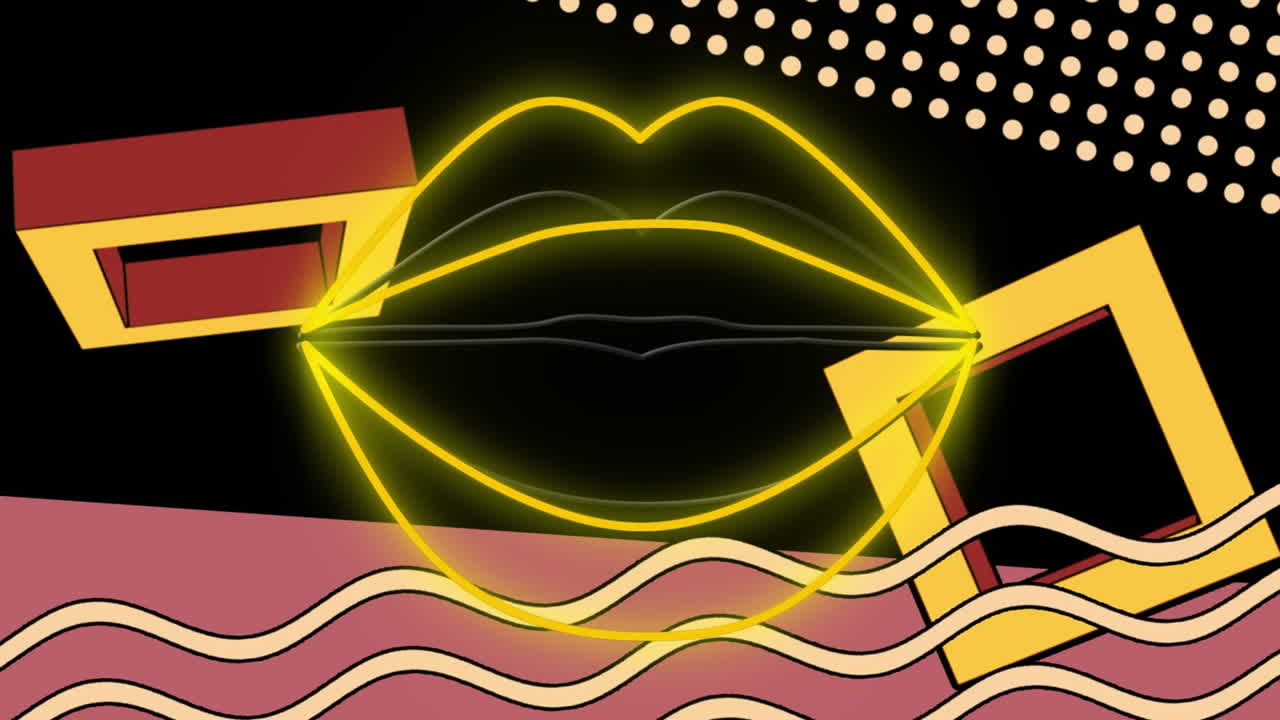 animación de cuadrados giratorios, ondas y labios de neón sobre fondo negro