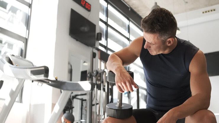 uomo che si riposa dopo un allenamento in palestra