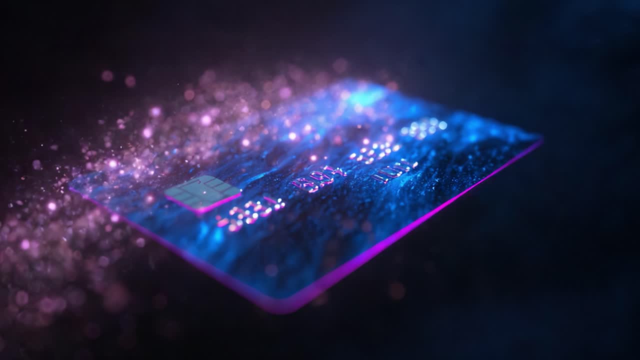 A captivating visualization of a digital payment card floating amidst a cosmic backdrop of vibrant colors and shimmering particles, highlighting the future of financial transactions in a digital world