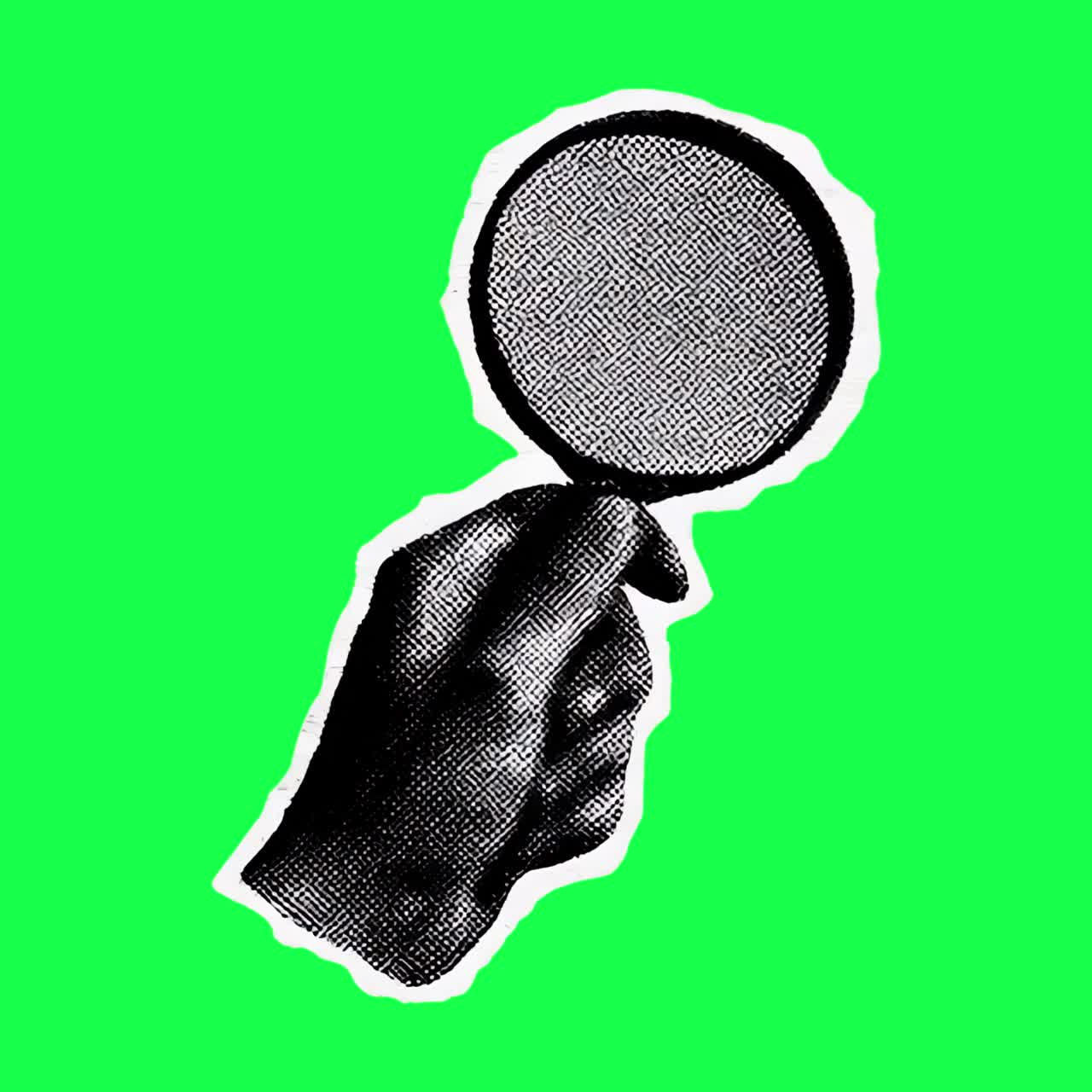 Vintage hand holding magnifying glass animation, transparent 4K video, green screen