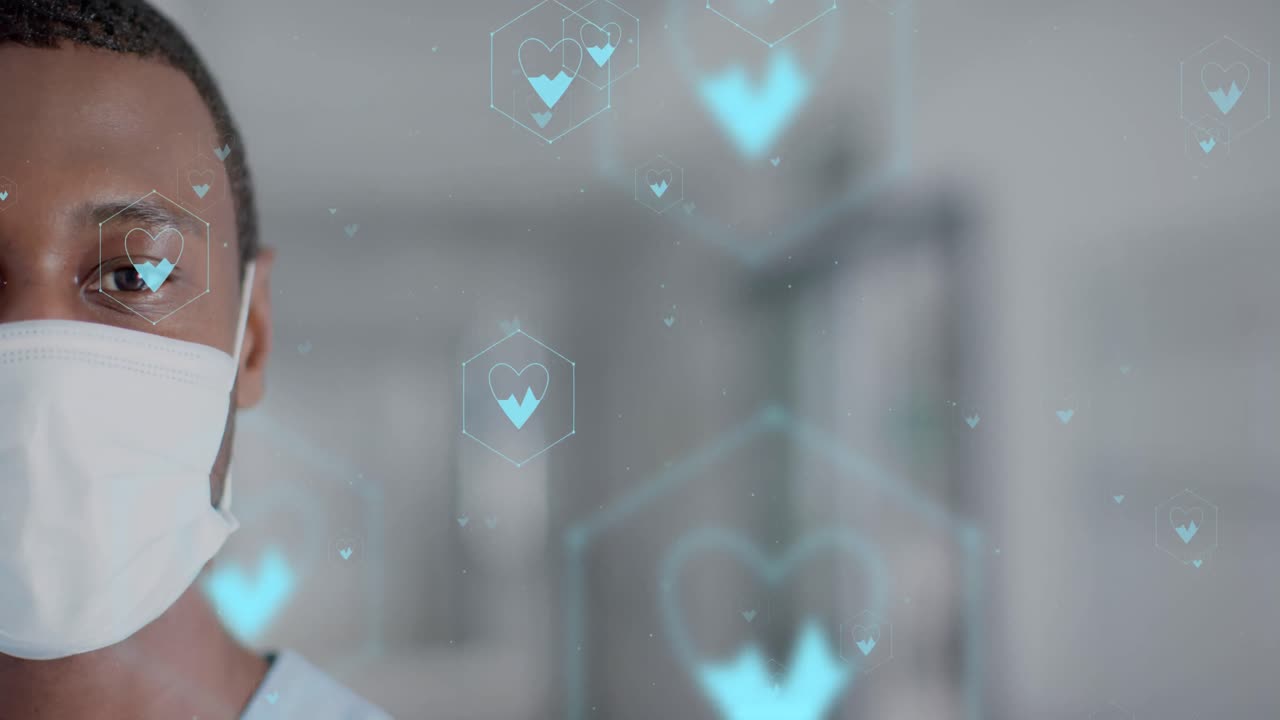 Animation of network of medical icons and data processing over african american female doctor