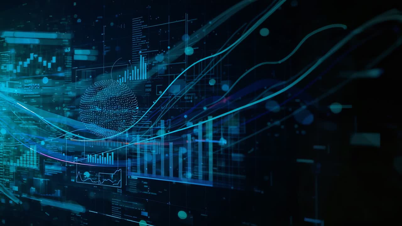 Streaming data feed animating data cluster on dark HUD, showing cyan waves bars rising, pulsing orb