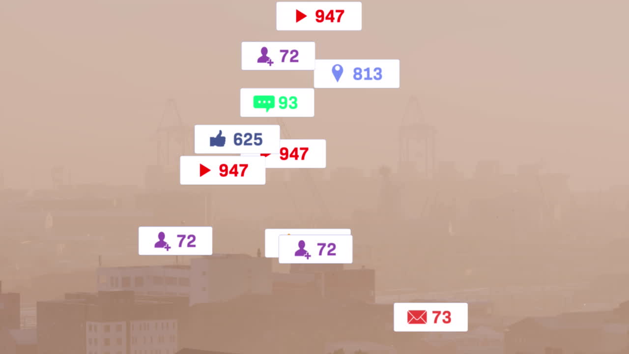 animación de iconos de las redes sociales cayendo contra la vista aérea del paisaje urbano.