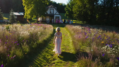 woman walking through a colorful flower meadow