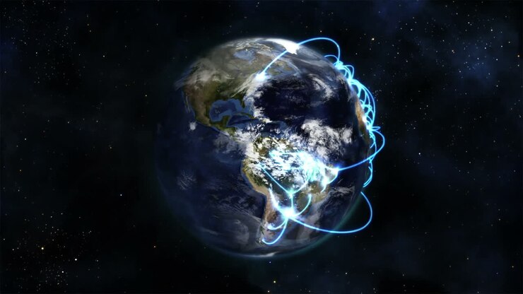 Terra nublada girando com conexões azuis, imagem da Terra cortesia de Nasa.org