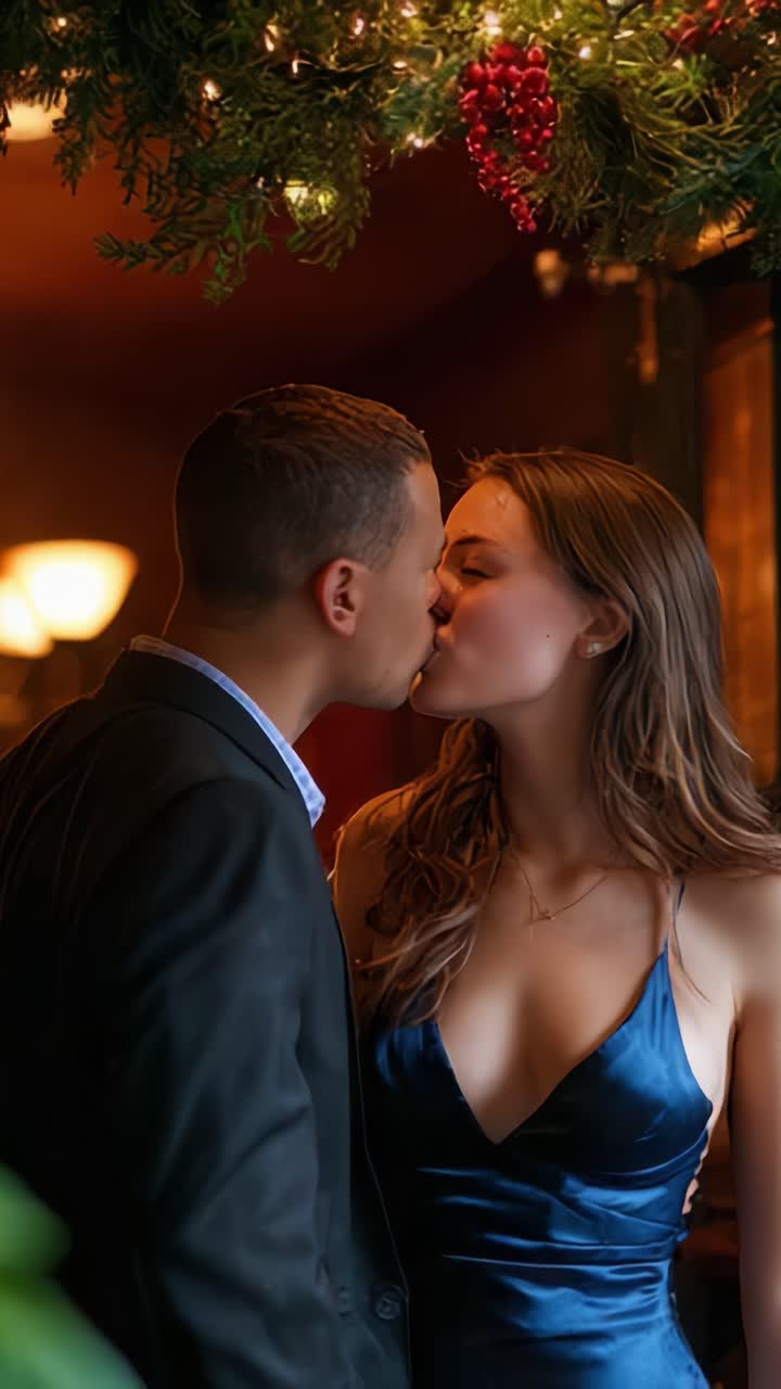 A Romantic Moment: A Couple Sharing a Kiss Under Holiday Décor in a Cozy Atmosphere, Emphasizing Affection, Love, and Intimacy During the Festive Season