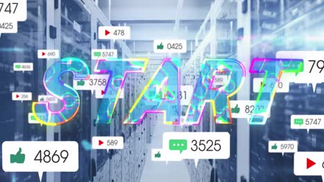 サーバールーム上で成長するスタートテキストと数字のアニメーション