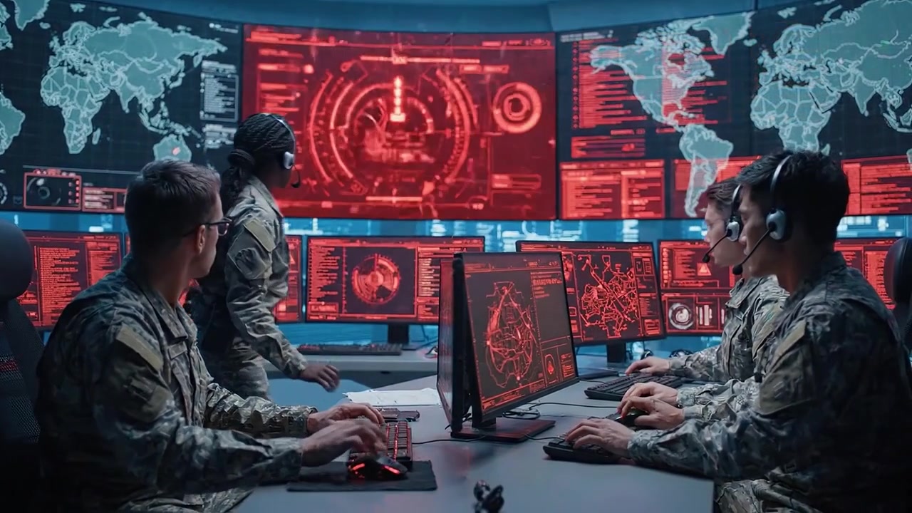 In a high-tech operations center, military personnel analyze maps and data while managing cybersecurity and surveillance in response to potential threats.