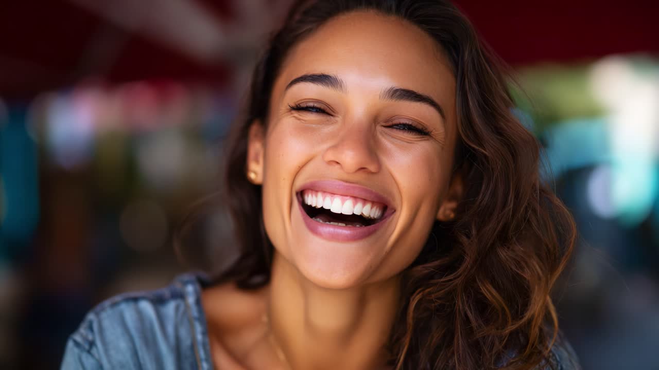 Una mujer alegre rebosante de felicidad, que cautiva los momentos con una sonrisa radiante en un entorno al aire libre vibrante, irradiando positivismo y calidez