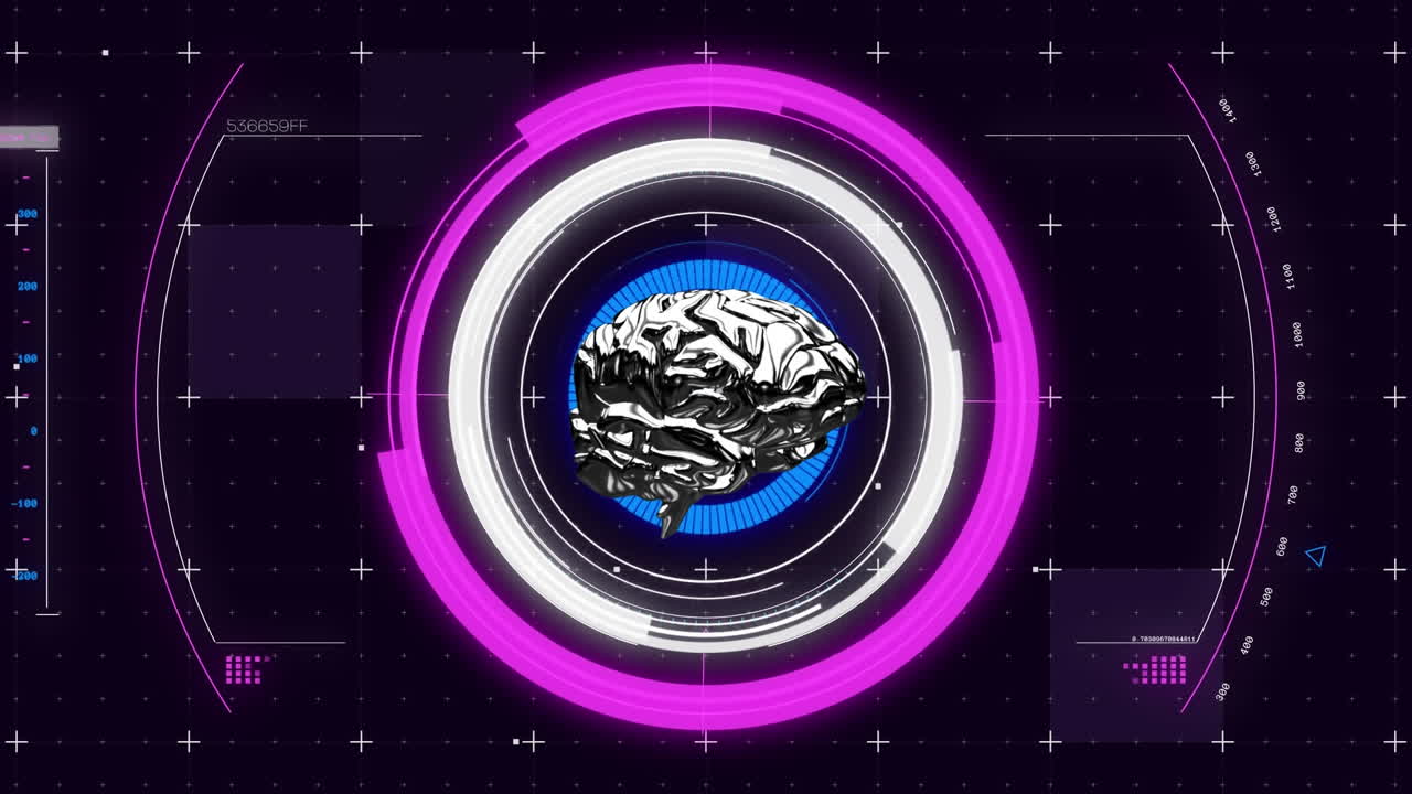 Animation of human brain and scope scanning on purple background