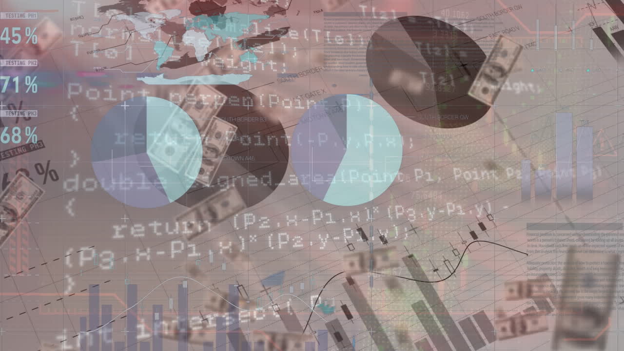 animación del procesamiento de datos y dólares sobre fondo blanco