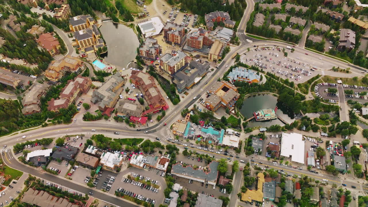 Comfortable cozy town with rural houses, nice streets and parking lots. Beautiful resort city in Colorado, USA. View from top.