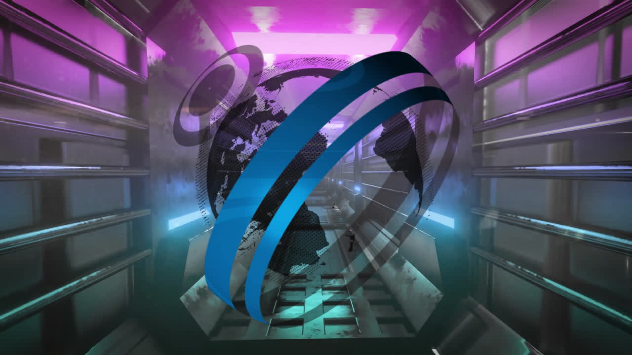 Rotating globe and digital rings animation over futuristic tunnel background