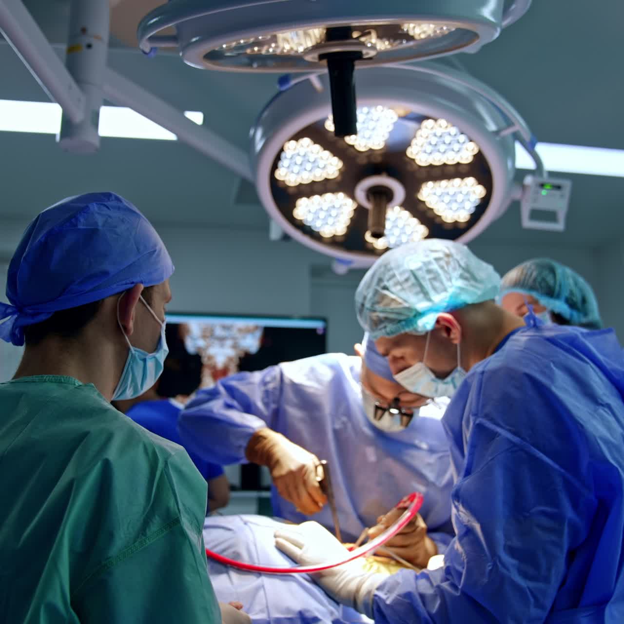 Neurosurgeons perform operation in the modern surgery room. Two surgeons and few assistants work under the round lamps