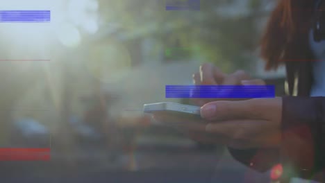 animation of colorful lines blinking over hands of caucasian woman using smartphone