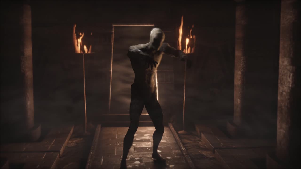 animación de espantosa momia zombi caminando por la habitación oscura de la cripta con antorchas en llamas