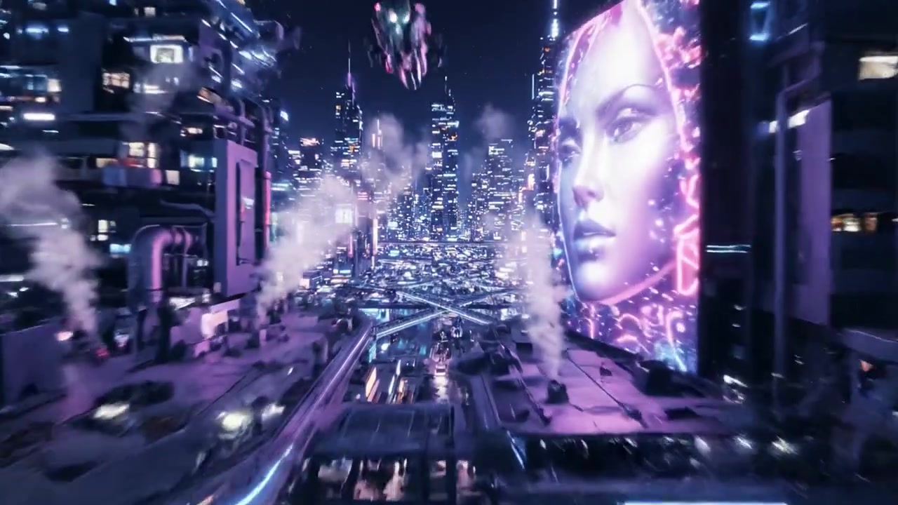 A Stunning Nighttime Cityscape: Breathtaking Views of a Luminous Urban Landscape Filled with Tall Skyscrapers, Neon Lights, and Vibrant City Life in a Futuristic Setting