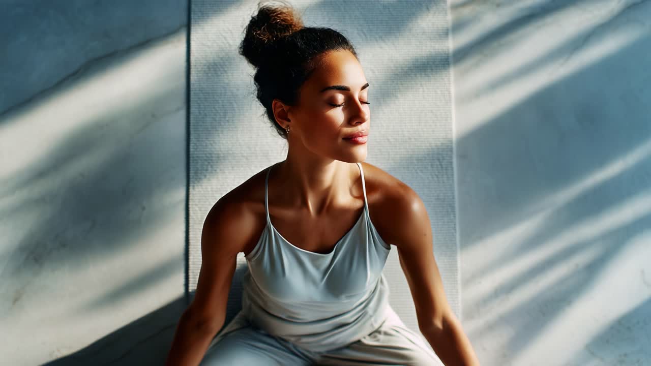 Roligt øjeblik af en kvinde, der praktiserer mindfulnessmeditation, omfavnet af blødt, naturligt lys i rolige omgivelser indendørs, der fremkalder fred og indre harmoni