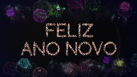 animación de texto de feliz año nuevo sobre fuegos artificiales