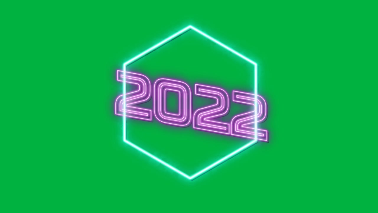 Animazione del testo "2022" in neon blu e rosa con esagono su sfondo bianco.