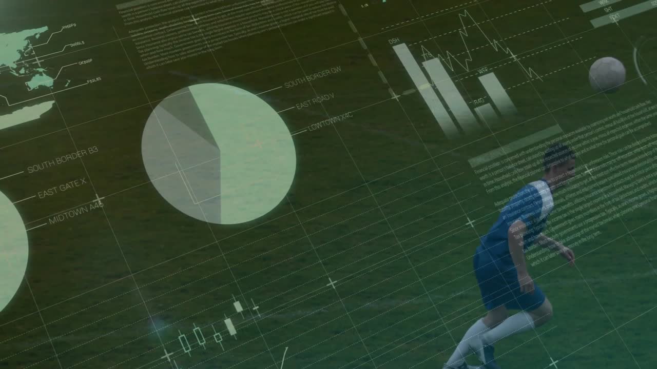 Tenåringsgutt som planter foten og svinger høyre ben, mens sportsdataoverlegg sporer sparkets nedslag.