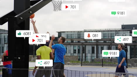 animation of social media notifications over diverse male basketball players on outdoor court