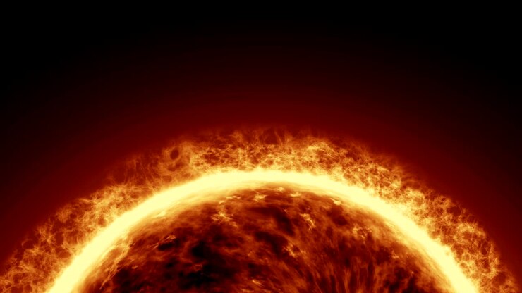 4K Realistic Sun surface with solar flares, Burning of the sun isolated on black with space for your text or logo. Motion graphic and animation background.